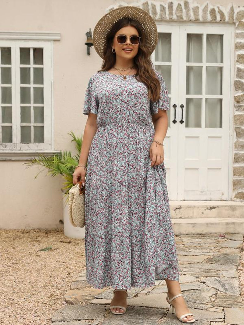 Women'S Ditsy Floral Print a Line Dress, Boho Fashion Casual plus Size Short Sleeve Dress for Daily Wear, Women Clothing, Womenswear, Summer Boho Clothes Women